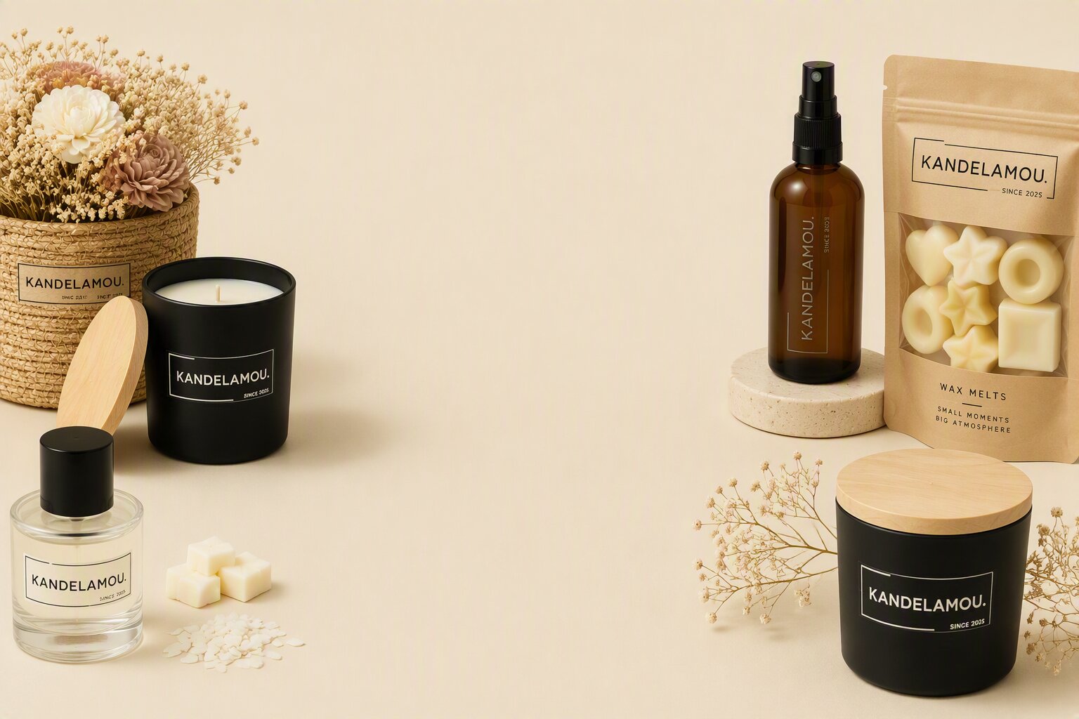 Kandelamou candles, room spray, perfume and wax melts on a warm neutral background