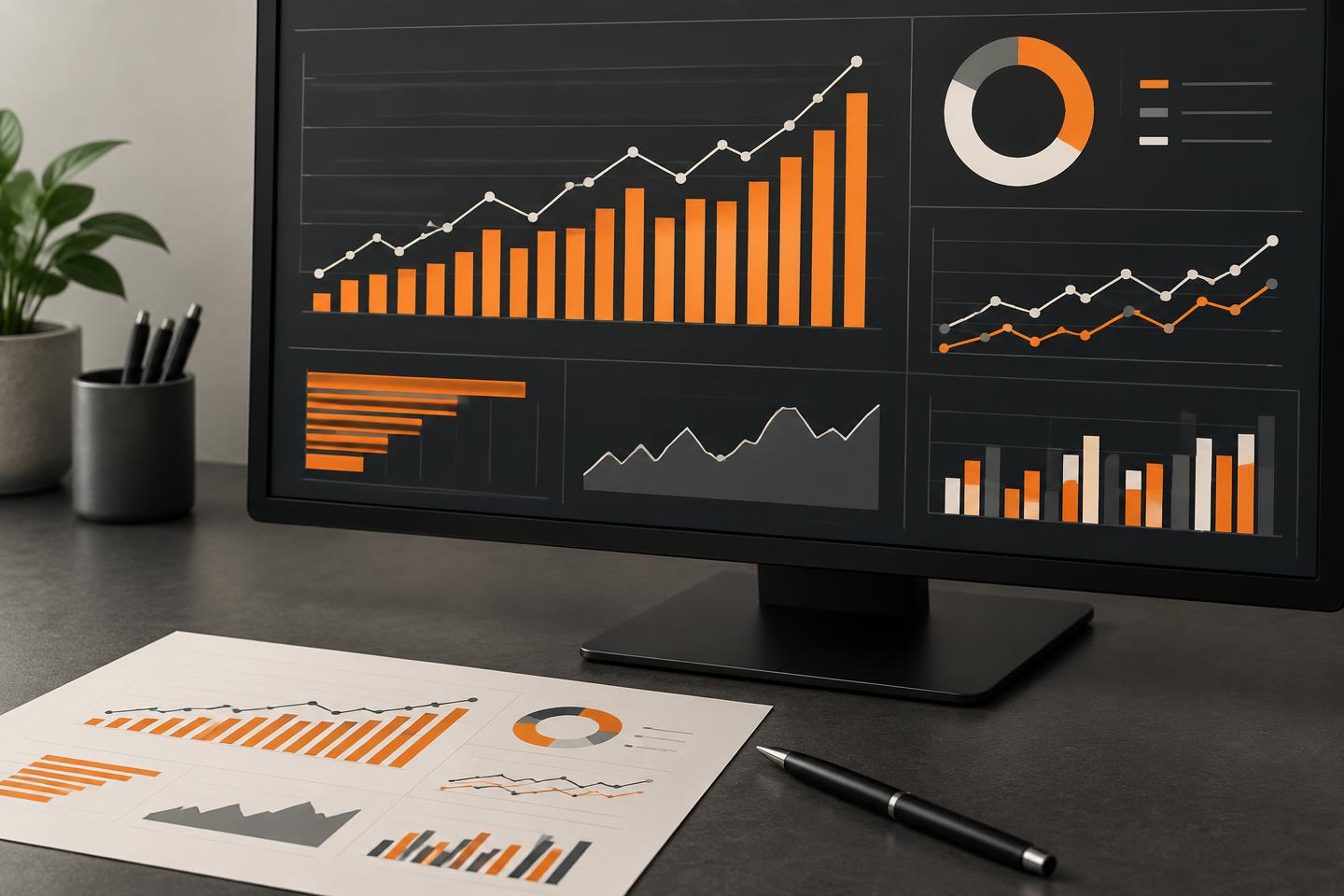 Desktop dashboard with orange charts and a printed business report