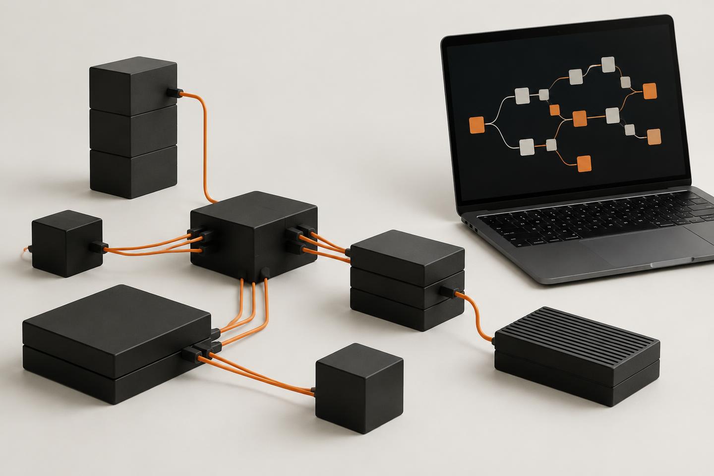 Connected modular blocks and a laptop displaying a branching automation workflow