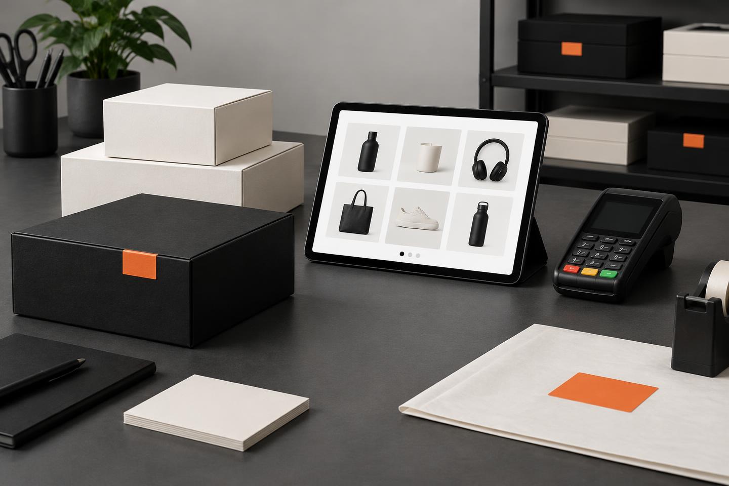 Product packaging, a tablet storefront and a payment terminal on a packing bench