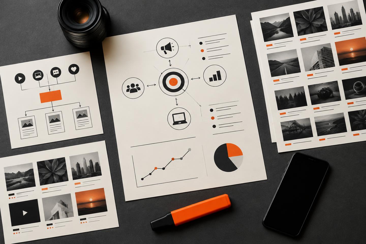 Campaign planning sheets, a camera lens and an orange marker on a desk