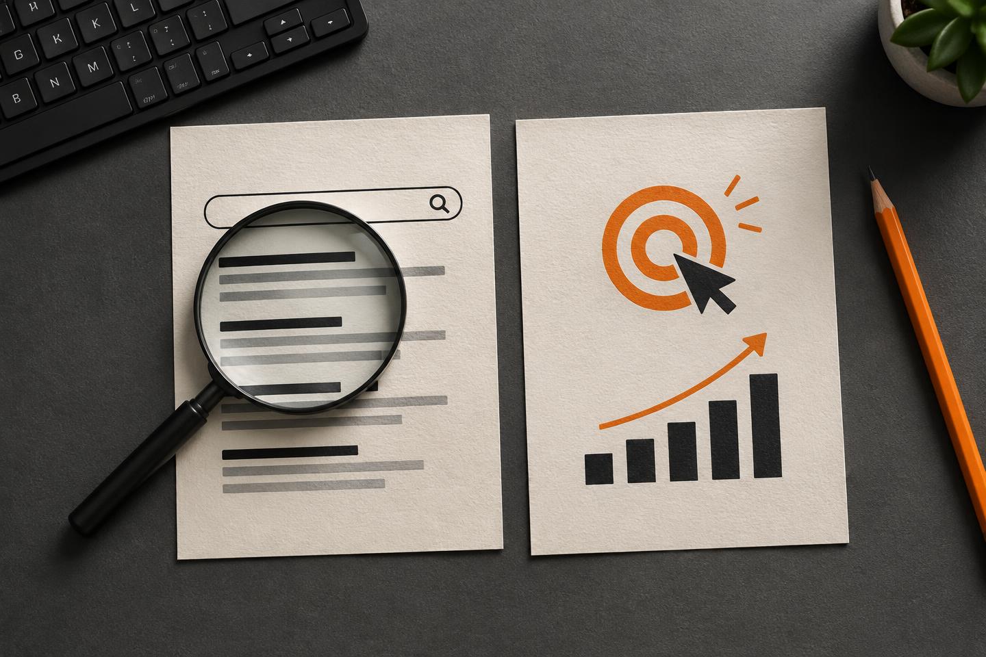 Magnifying glass over search results beside a paid campaign planning sheet